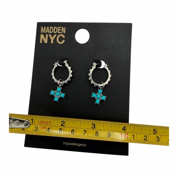 Silver Huggie Hoop Earrings Blue Cross Charm Dangle - Picture 10 of 10